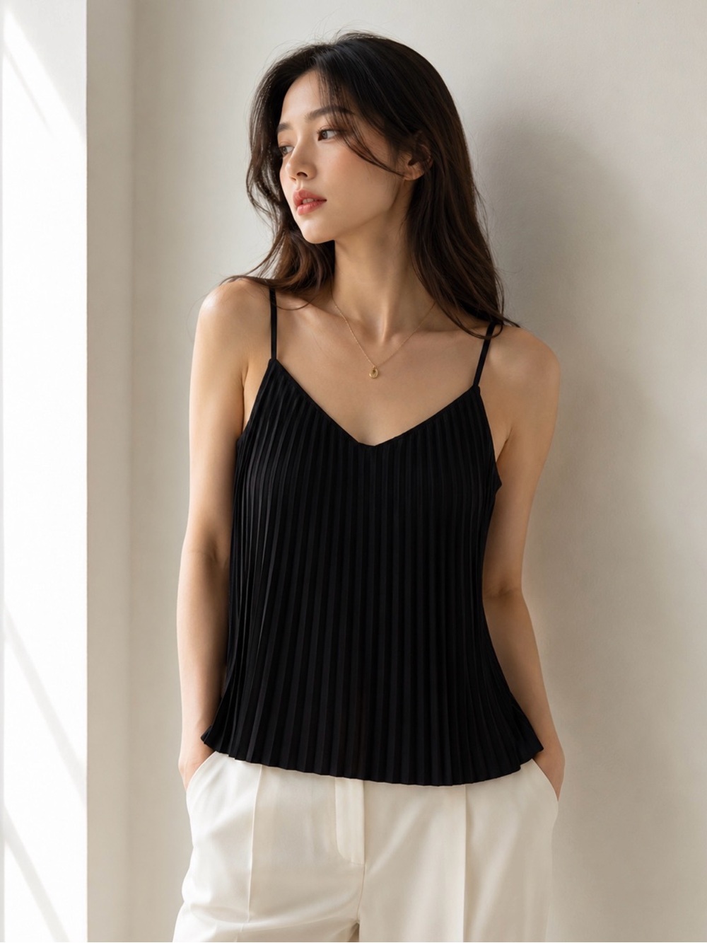 Club Monaco Black Pleated V-Neck Spaghetti Strap Cami
